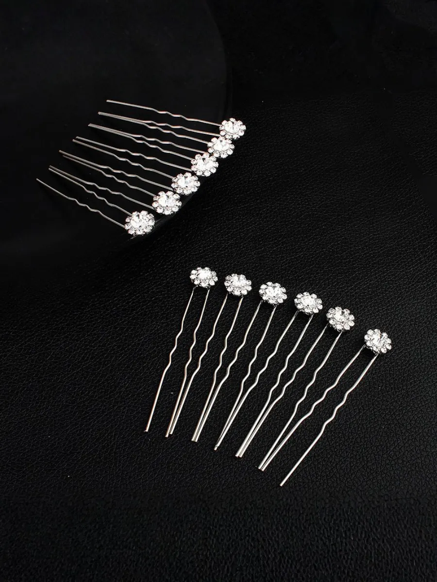 Bridal Floral Rhinestone U-shaped Hair Fork Set With Alloy Hairpins And Hair Ornaments