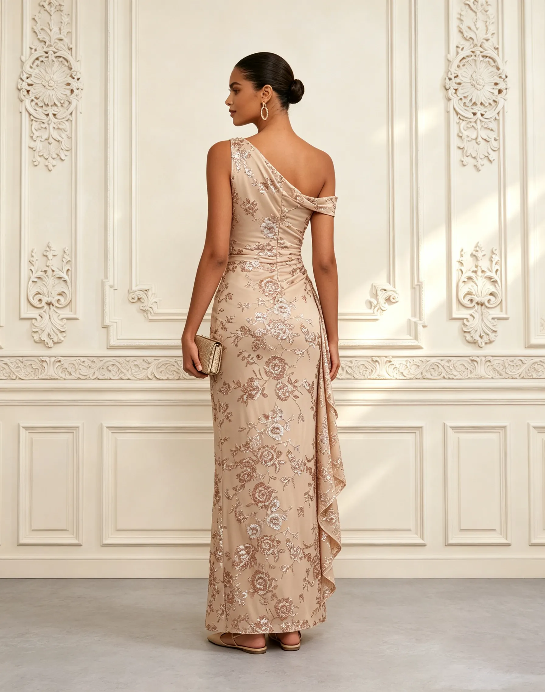 Champagne Ruffled Sequin Asymmetrical Collar Short Sleeve Mermaid Gown Dress
