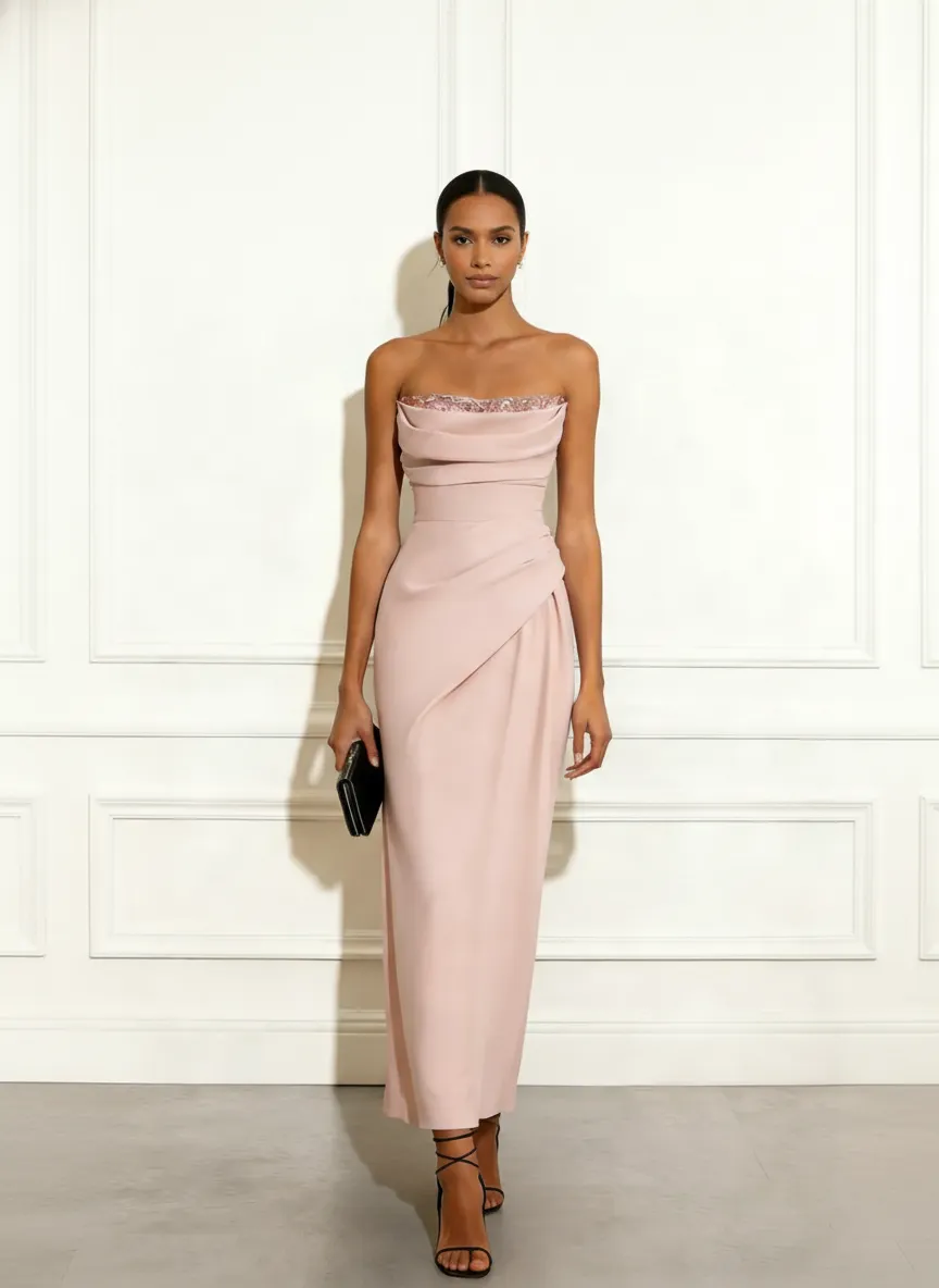 Pink Ruched Glitter Classic Strapless Sleeveless Sheath Maxi Dress