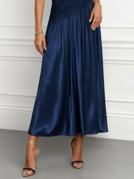Navy Blue Lace Satin Crew Neck Sleeveless A-Line Maxi Dress