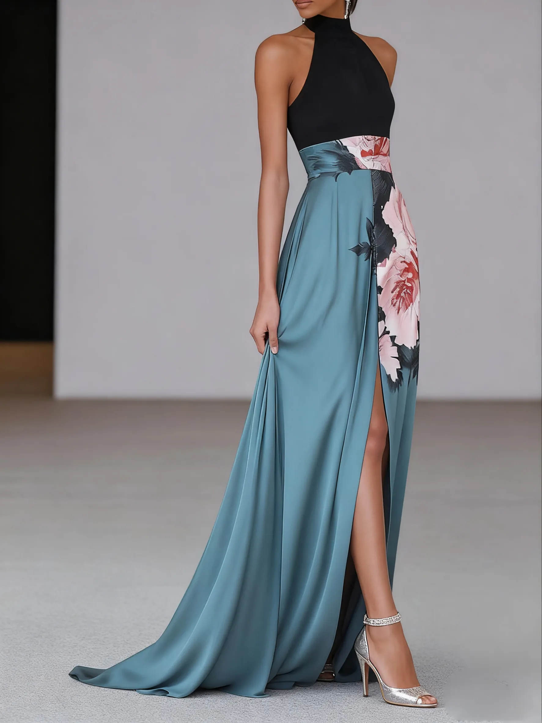 Black Cyan Floral Slit Satin Halter Neck Sleeveless A-Line Floor-length Gown Dress
