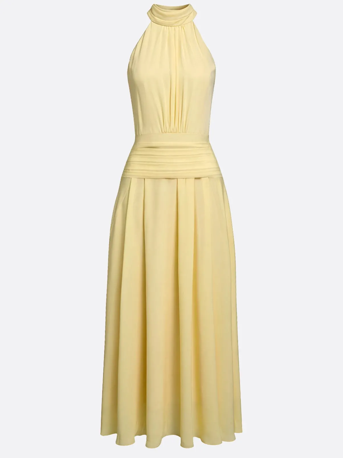 Yellow Ruched Chiffon Halter Neck Sleeveless A-Line  Gown Dress