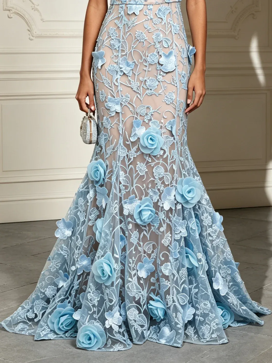 Light Blue 3D Floral Classic One Shoulder Sleeveless Mermaid Gown Dress