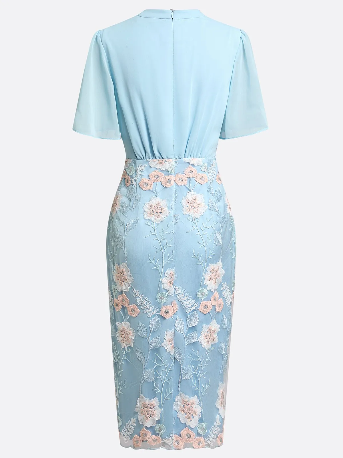 Light Blue Classic V Neck Half Sleeve Bell Sleeve Sheath Midi Dress