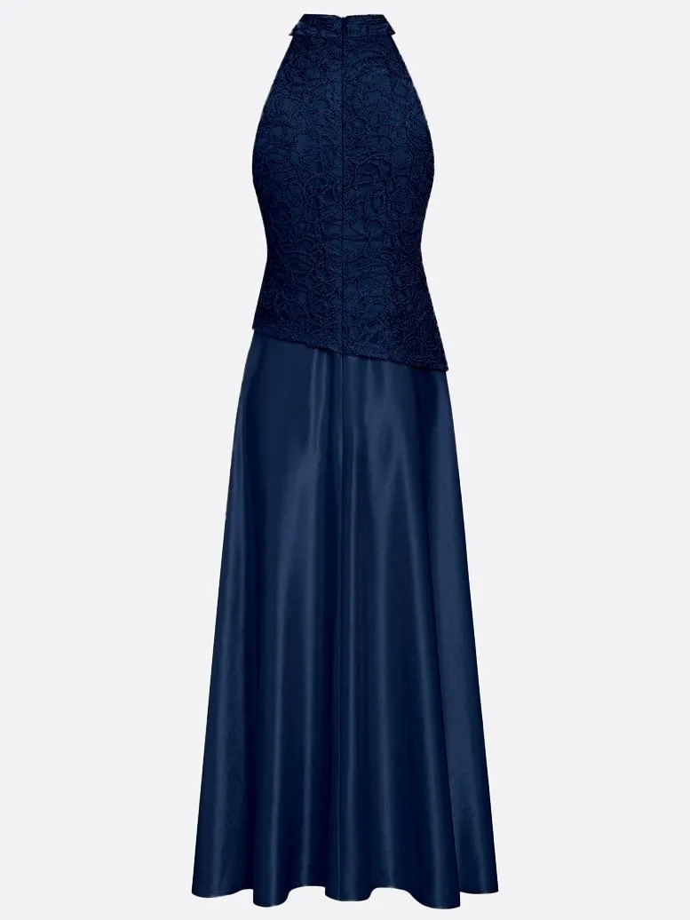 Navy Blue Lace Satin Crew Neck Sleeveless A-Line Maxi Dress