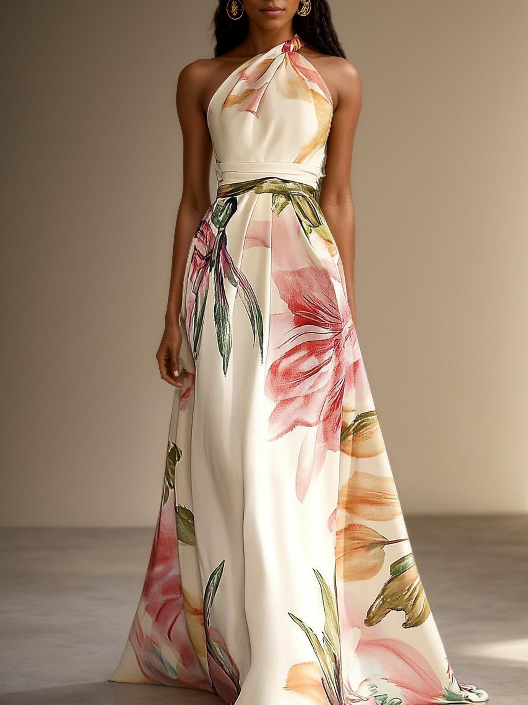 Pink Floral Satin One Shoulder Sleeveless A-Line Floor-length Gown With Pockets - Pink