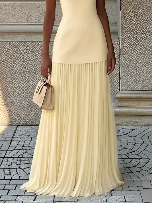 Light Yellow Pleated Classic Boat Neck Sleeveless A-Line Floor-length Gown Dress