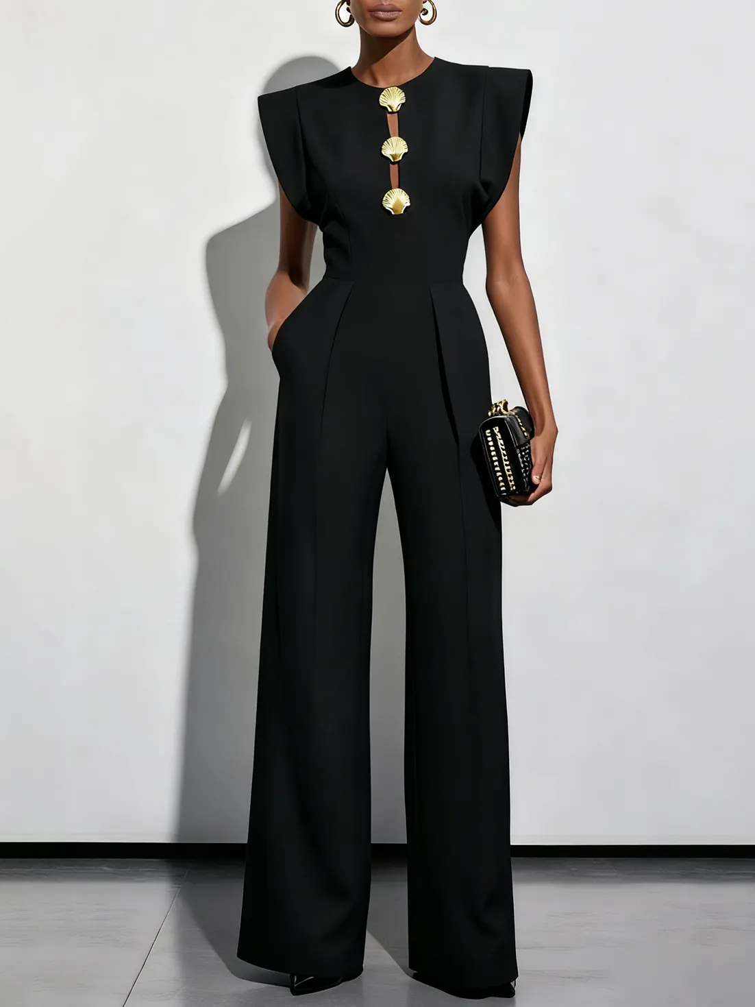 Women Black Buckle Hollow Out Crew Neck Cap Sleeve Dressy Jumpsuit - Black