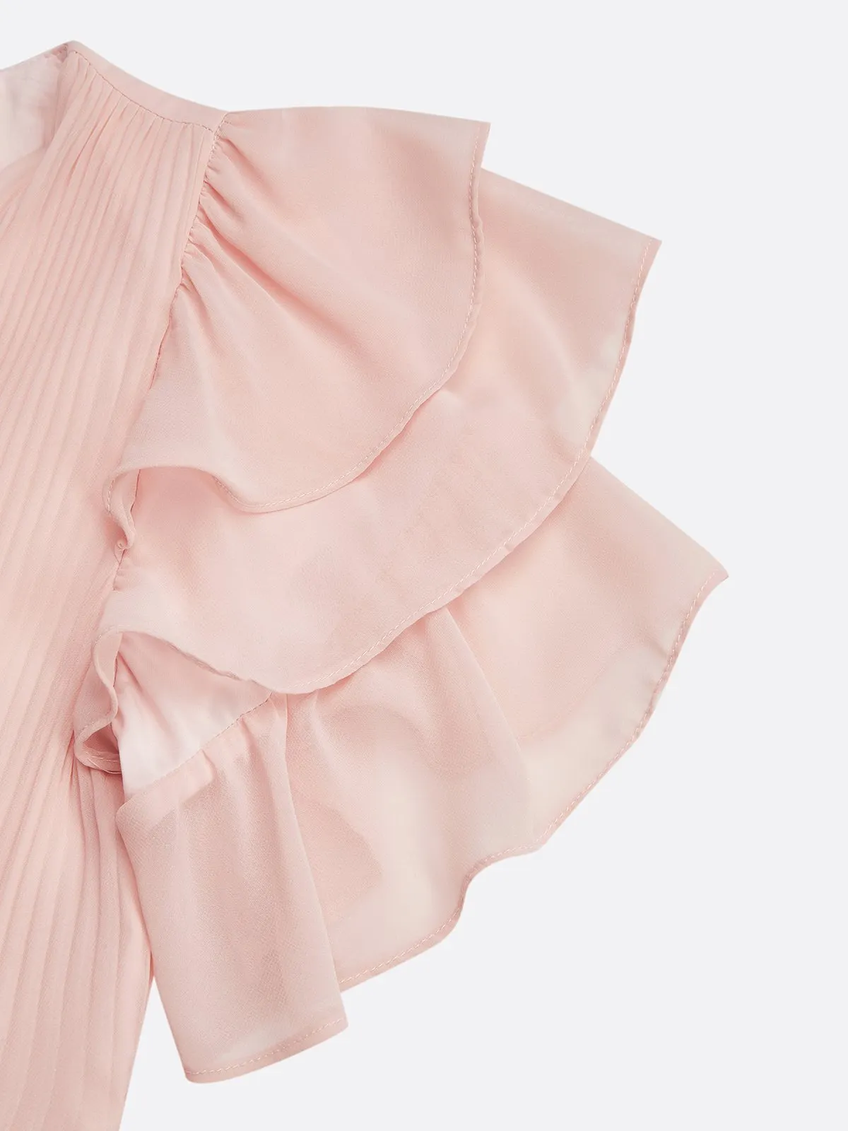 Pink Pleated Rhinestone Chiffon V Neck Short Sleeve Ruffle Sleeve A-Line Maxi Dress