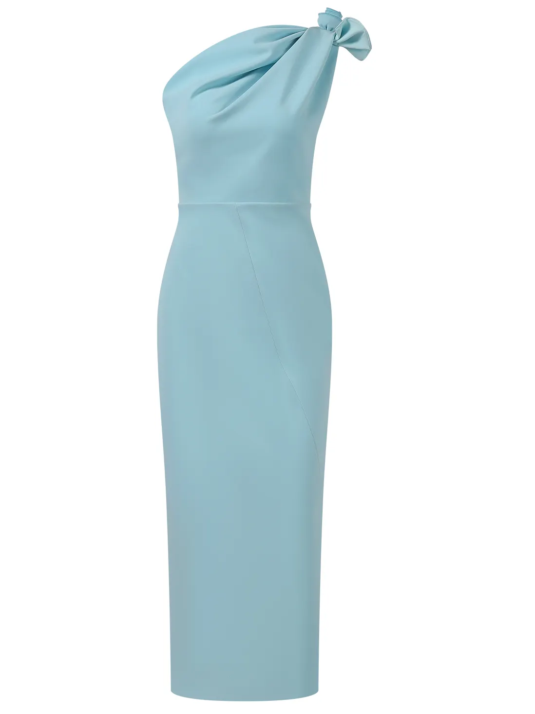 Light Blue One Shoulder Bow Knot Ruched Maxi Bridesmaid Dress