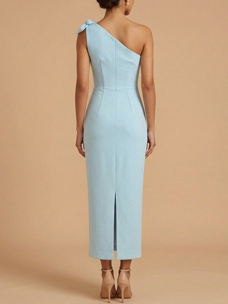 Light Blue One Shoulder Bow Knot Ruched Maxi Bridesmaid Dress - Blue