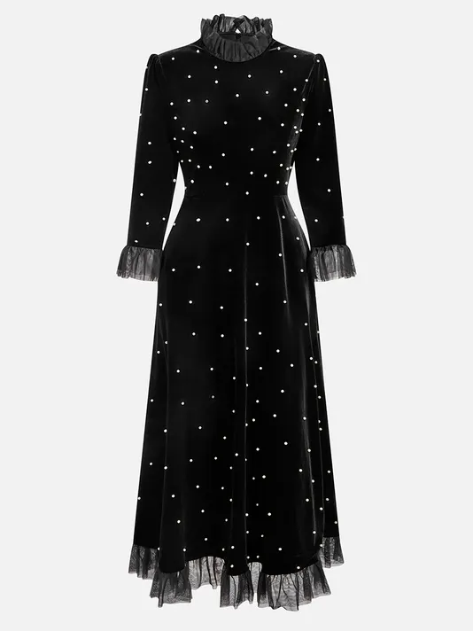 Black Beaded Ruffled Mock Neck Three Quarter Sleeve A-Line Maxi Velvet Dress