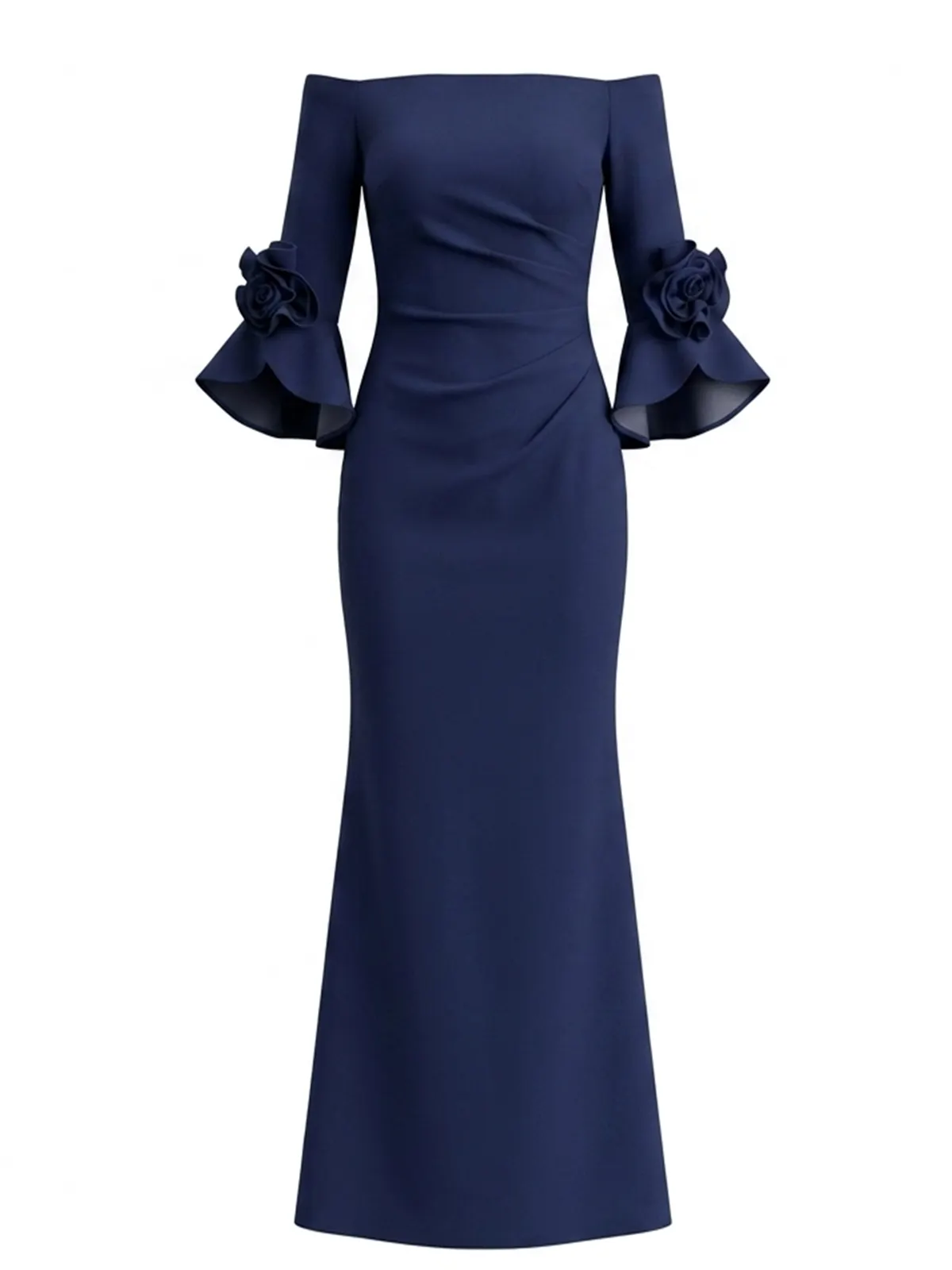 Navy Blue 3D Floral Classic Off The Shoulder Half Sleeve Bell Sleeve Mermaid Maxi Dress