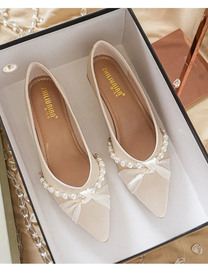 Urban Lightweight Pointed-toe Matte Satin-trimmed Rhinestone And Pearl Low-heeled Wedding Shoes