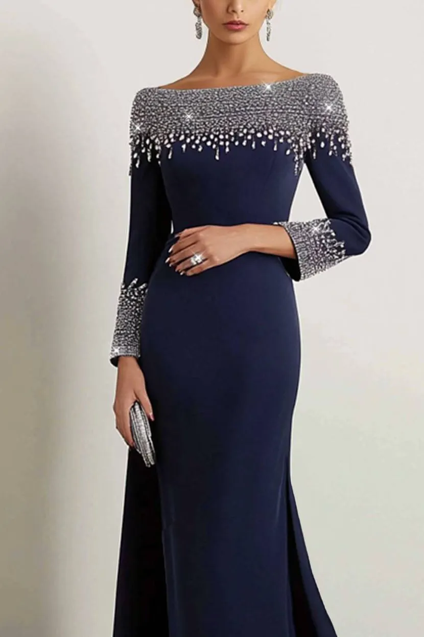 Elegant Dress Navy Boat Neck Rhinestone Maxi Dress Mother of the Bride Dress