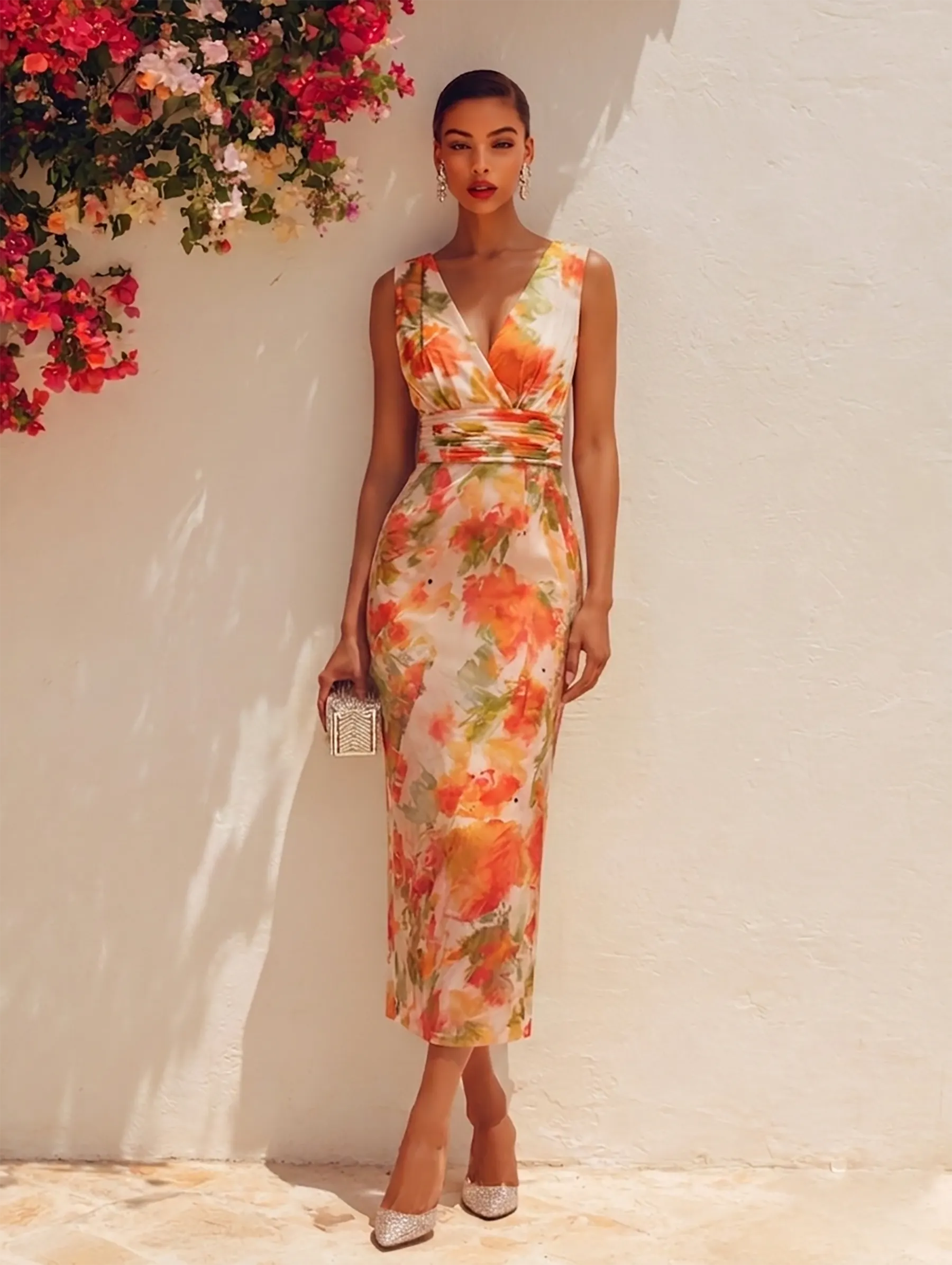 Orange Floral Chiffon V Neck Sleeveless Sheath Midi Dress