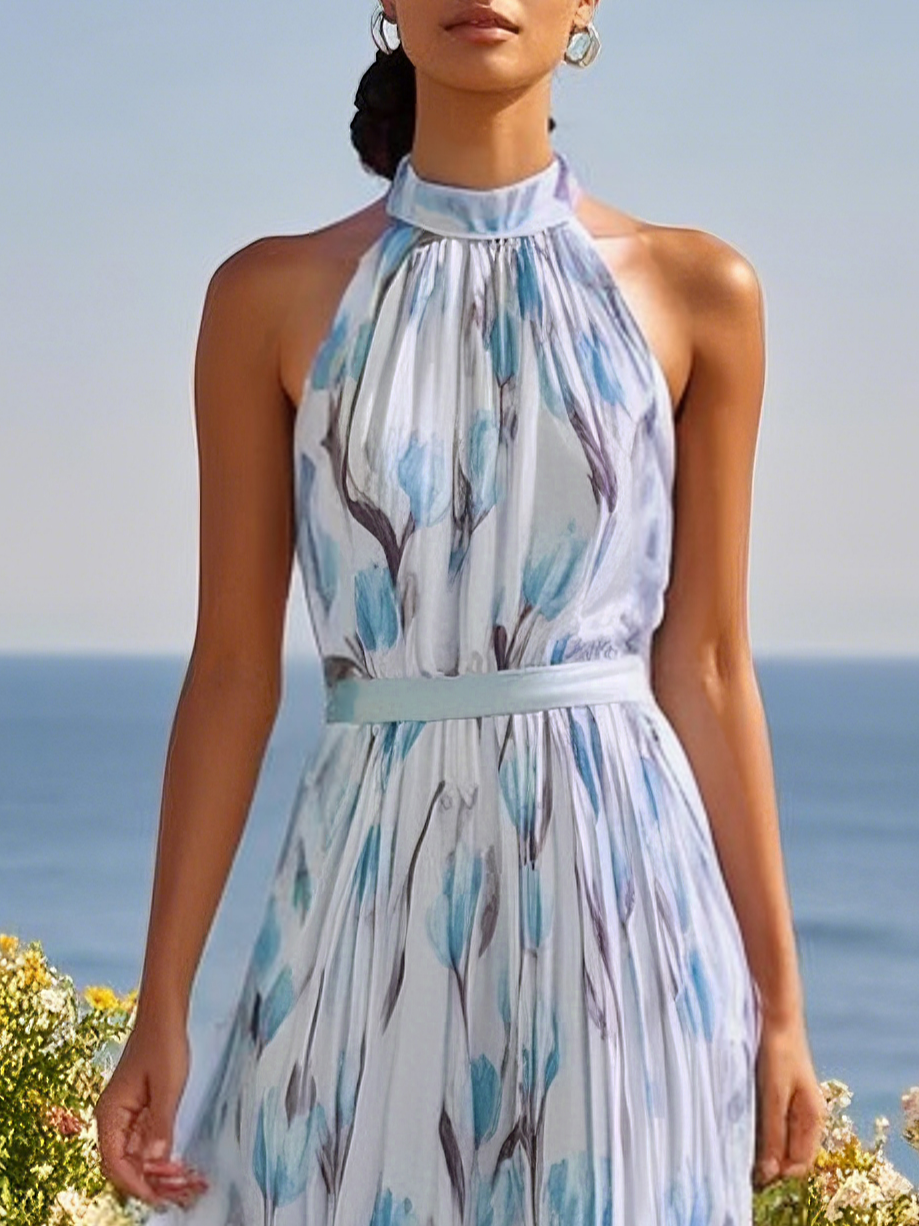Light Blue Floral Chiffon Halter Sleeveless A-Line Maxi Dress - Light Blue