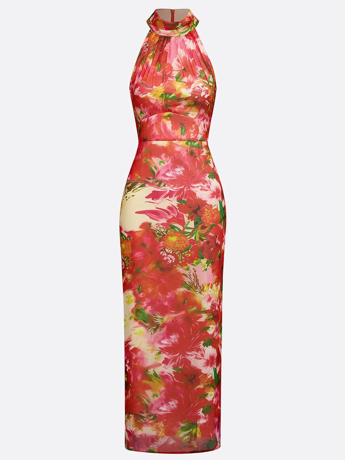 Red Floral Chiffon Halter Sleeveless Maxi Dress