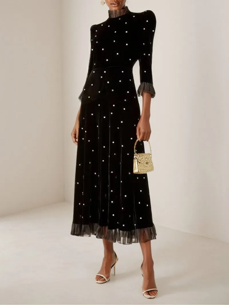 Black Beaded Ruffled Mock Neck Three Quarter Sleeve A-Line Maxi Velvet Dress - Black