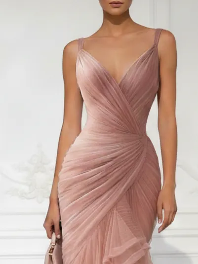 Pink Folds Tulle Spaghetti Sleeveless Mermaid Gown Dress