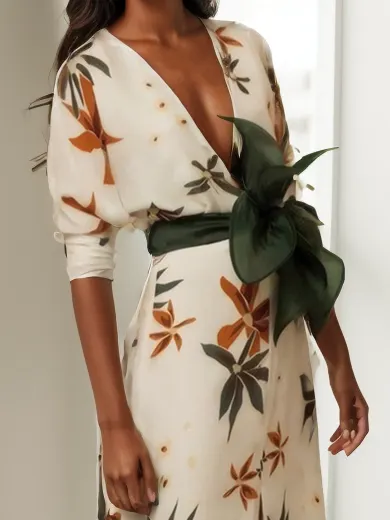 White Floral V Neck Long Sleeve A-Line Maxi Dress - White