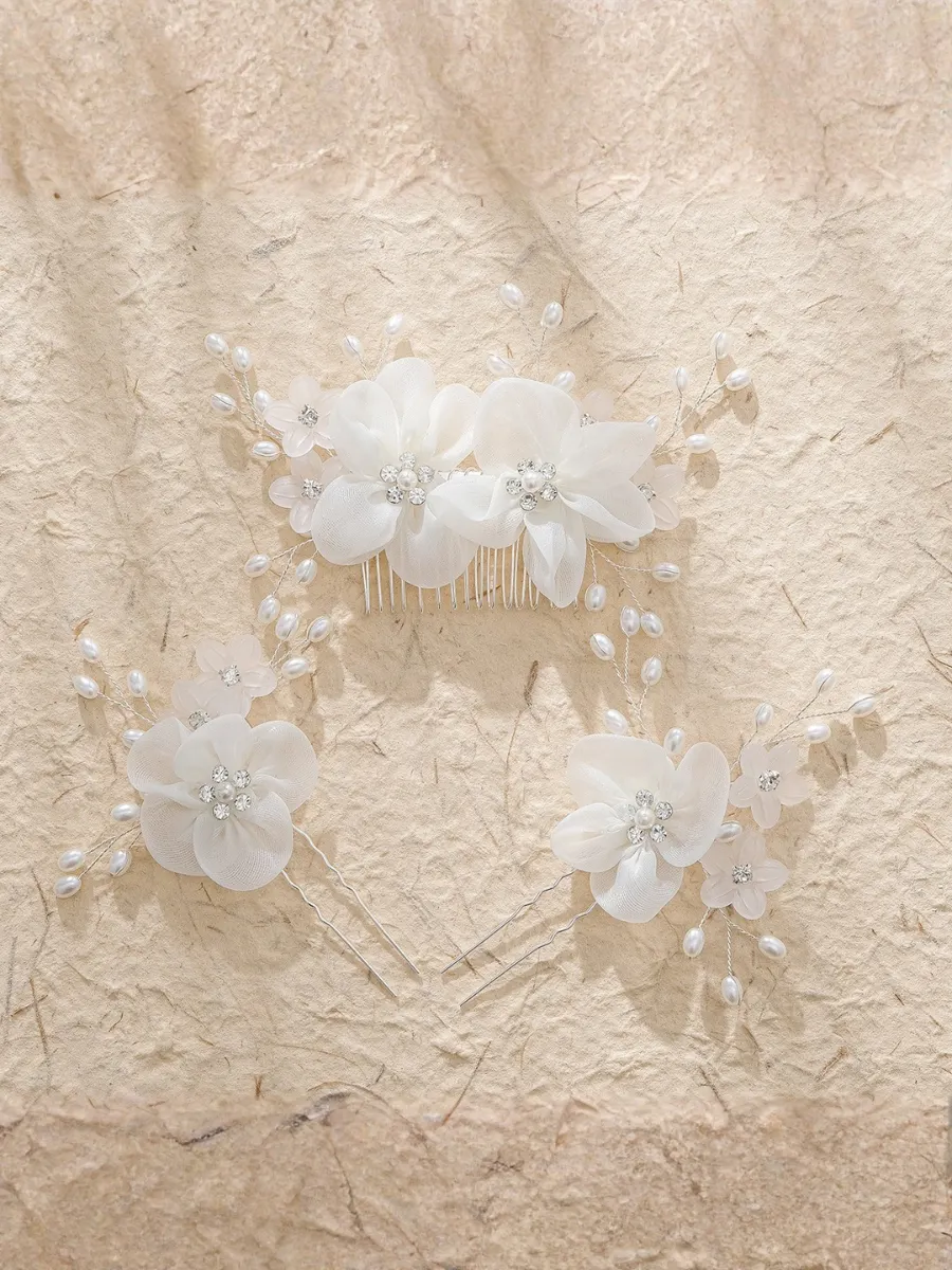 Bridal Handmade Floral Beaded Headpiece Set With Comb And U-shaped Hairpin