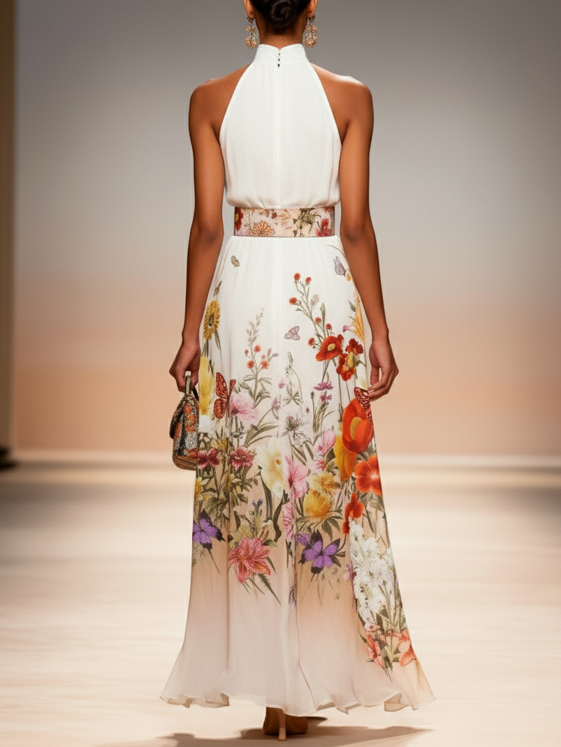 Orange Floral Chiffon Halter Mock Neck Sleeveless A-Line Maxi Dress - Orange