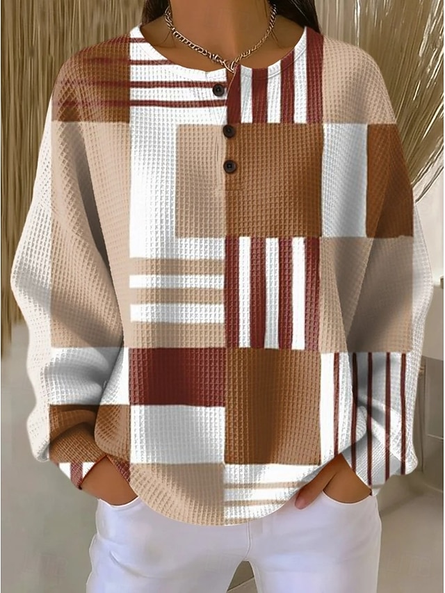 Women's Pullover Sweatshirt Buttons Graphic Geometric Fashion Casual Print Long Sleeve Crew Neck Regular Tops Casual Home Work Black Pink Orange khaki Spring Fall - khaki