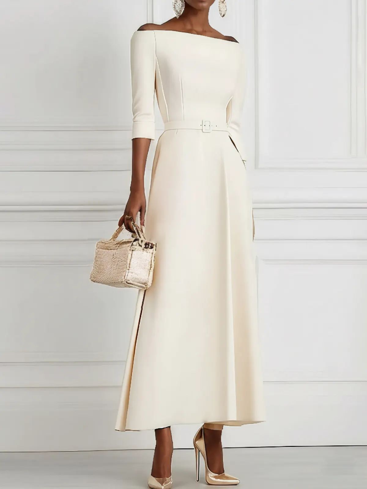 White Classic Off The Shoulder Half Sleeve A-Line Maxi Dress - White