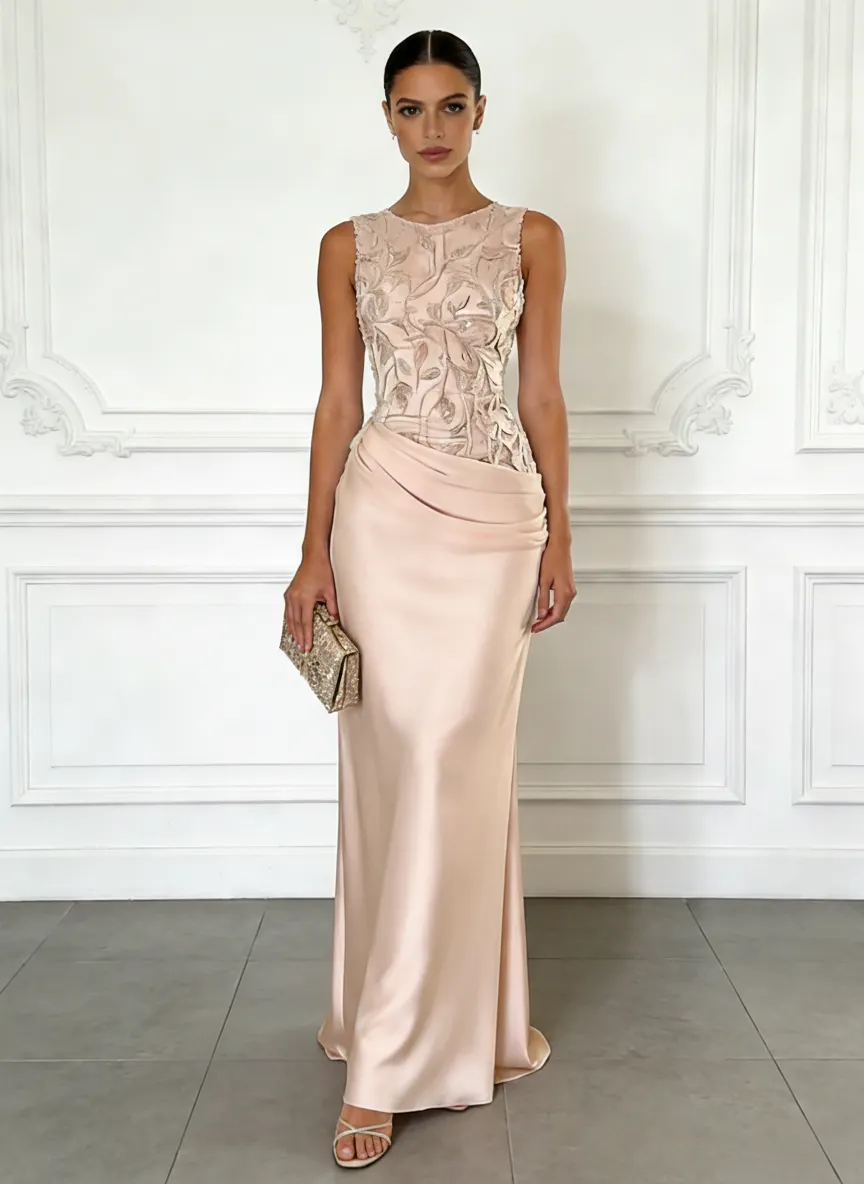 Light Pink Embroidery Satin Crew Neck Sleeveless Sheath Gown Dress