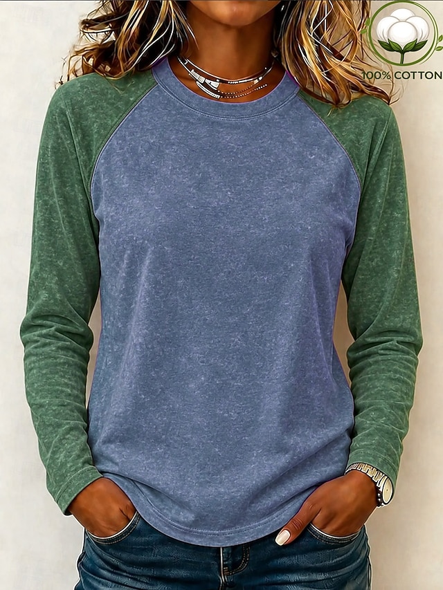 Women's Shirt Washed Cotton 100% Cotton Plain Vintage Fashion Stylish Sleeveless Short Sleeve Long Sleeve Crew Neck Regular Tops Casual Beach Blue Black Purple Spring Fall Winter - Blue