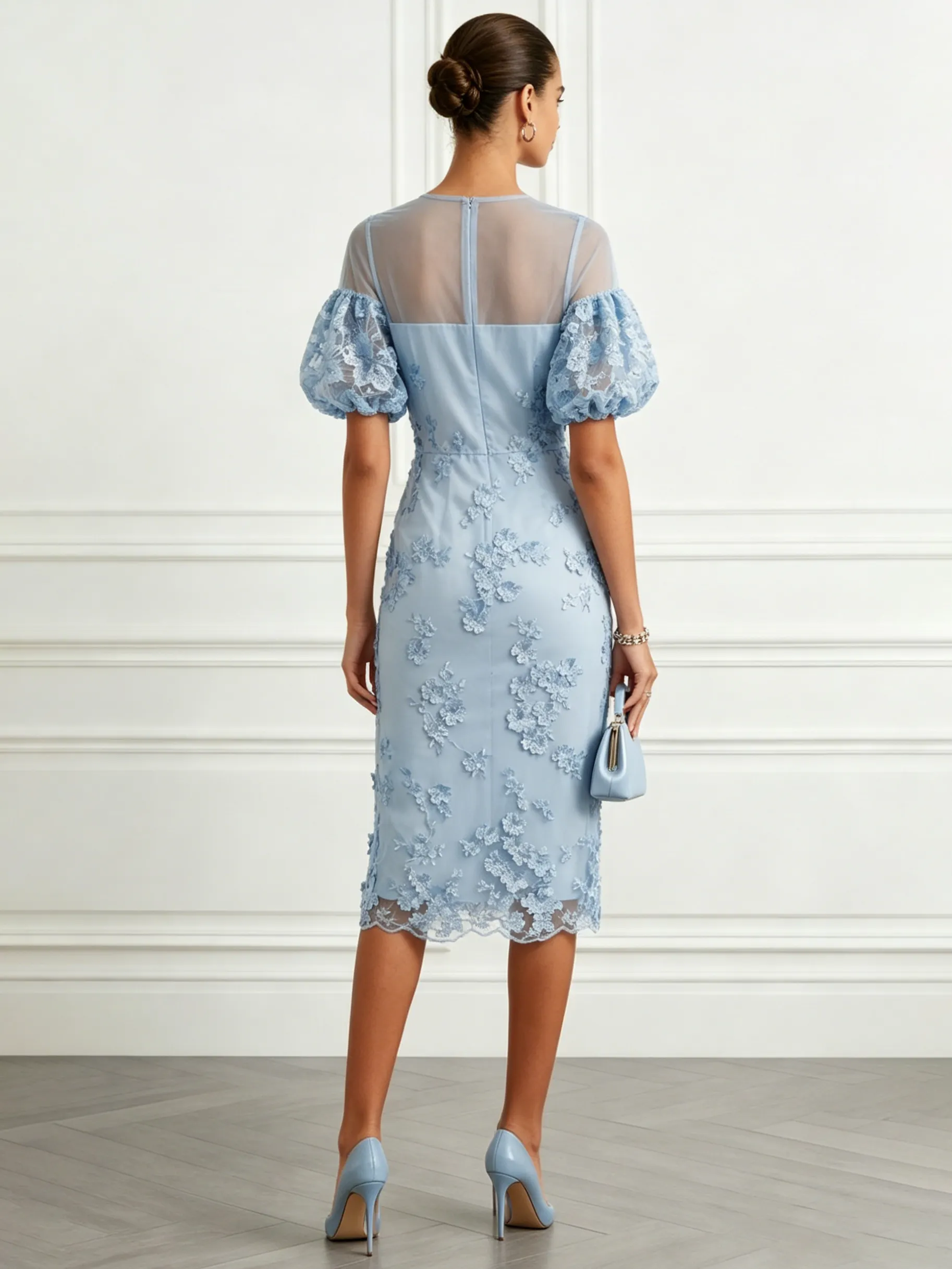 Light Blue 3D Floral Appliqué Lace Crew Neck Short Sleeve Puff Sleeve Sheath Midi Dress