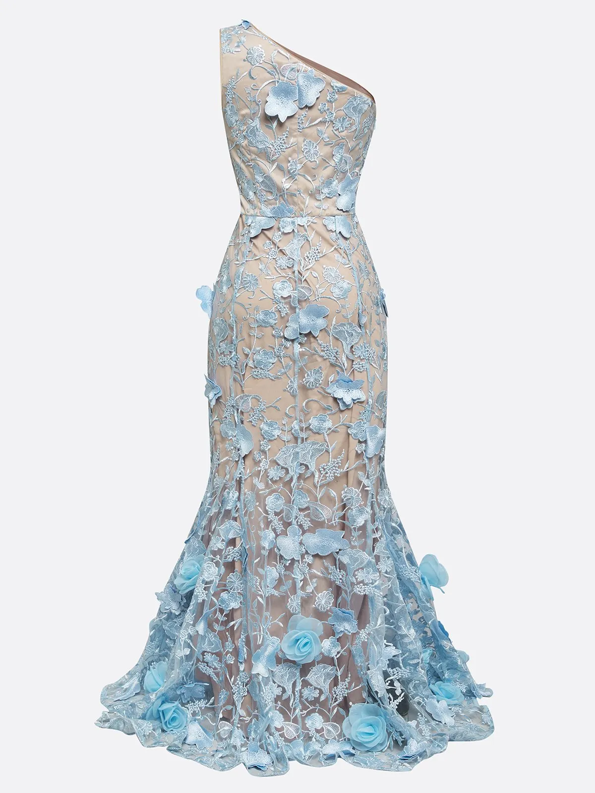 Light Blue 3D Floral Classic One Shoulder Sleeveless Mermaid Gown Dress