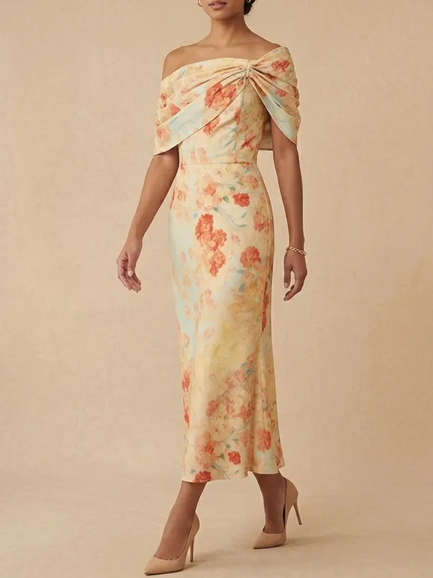 Elegant Floral Off-the-Shoulder Midi Mother of the Bride Dress