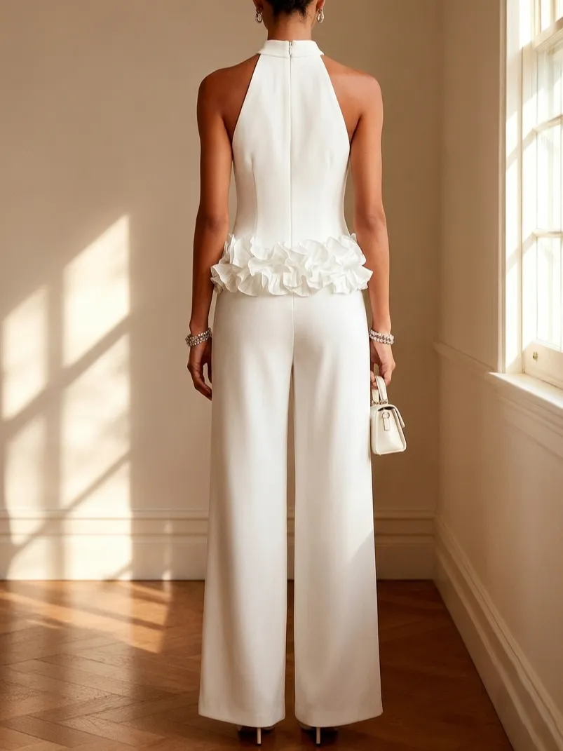 Women Off White 3D Floral Halter Neck Sleeveless Dressy Top With Pants Two-Piece Set