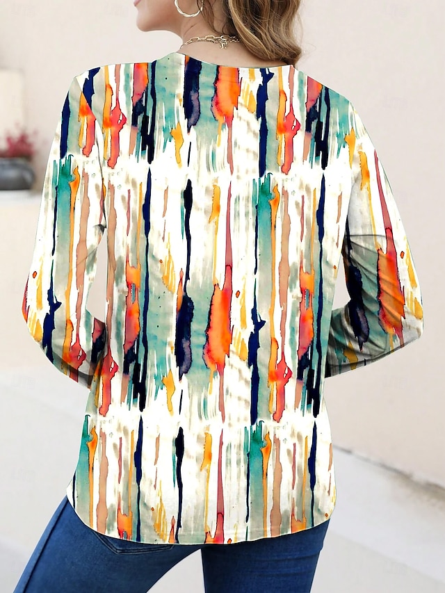 Women's T shirt Long Sleeve Crew Neck Long Sleeve Tunic Graphic Geometric Striped Vintage Stylish Regular Tops Daily Print White Blue Purple Orange Brown Fall Prefall - Khaki