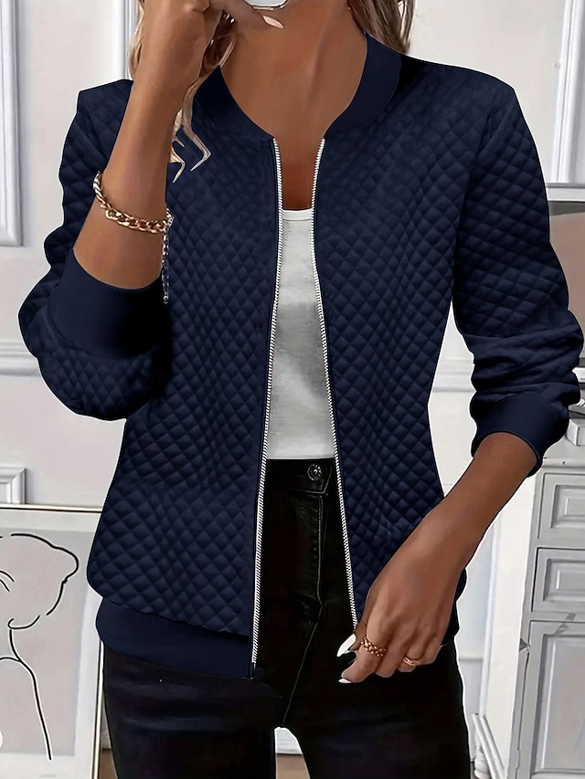 Women's Textured Zip Up Patchwork Casual Long Sleeve Round Neck Regular Tops Blue White Black Navy Blue Violet Fall Winter - Navy Blue