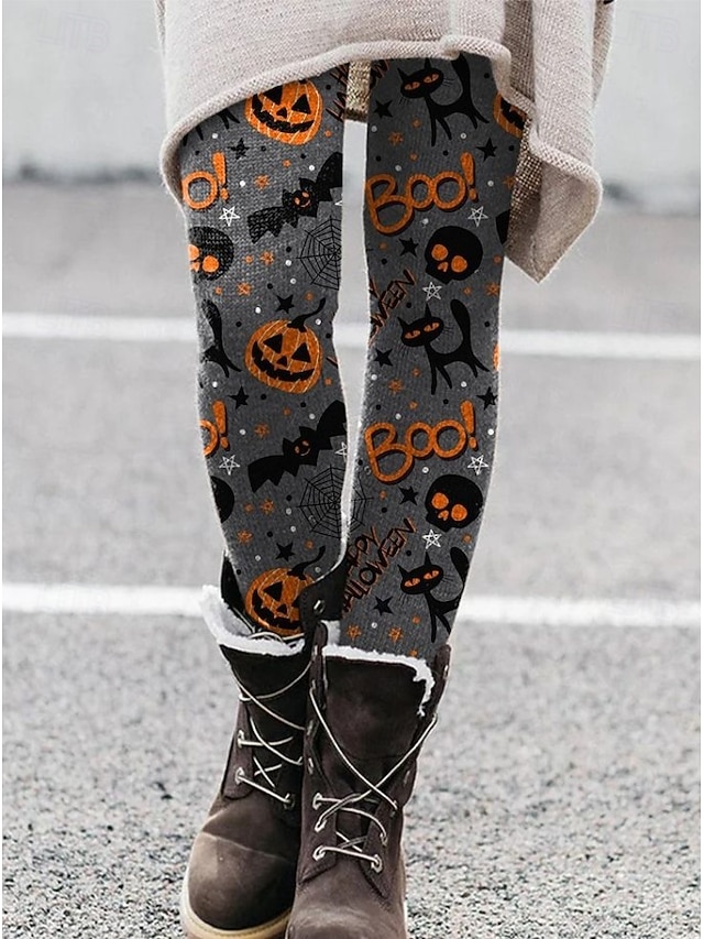 Halloween Women's Cute Mummy Boo Graphic Leggings High Waist Ankle Length Asymmetric Bandage Spider Print Stretchy Pants Black White - Grey