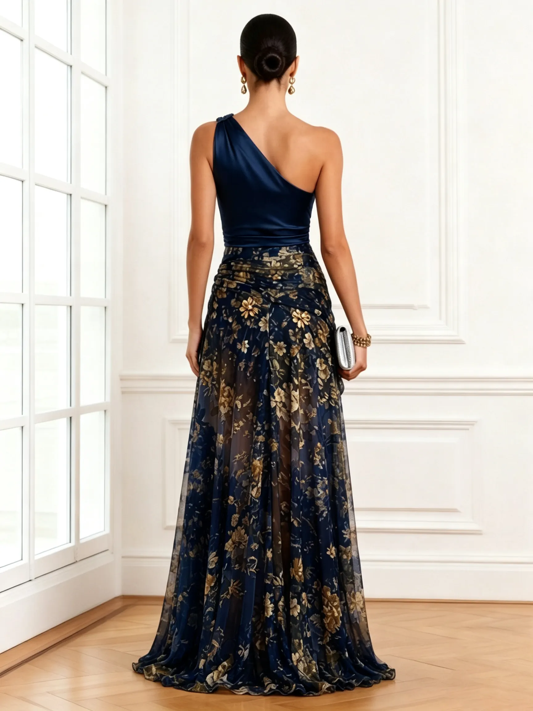 Purplish Blue Ruched Side-Slit Chiffon One Shoulder Sleeveless A-Line Gown Dress