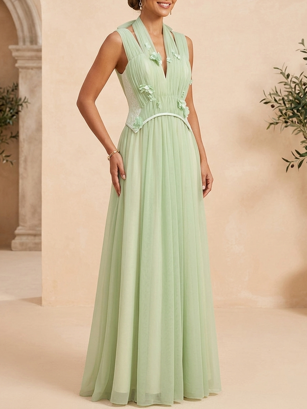 Elegant Sage Green Chiffon Mother of the Bride Corset Dress with 3D Floral Appliques - Floor-Length A-Line Gown
