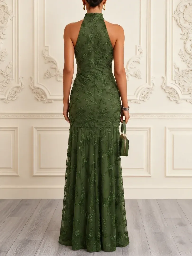 Army Green 3D Floral Flocked Classic Halter Neck Sleeveless A-Line Gown Dress - Army Green