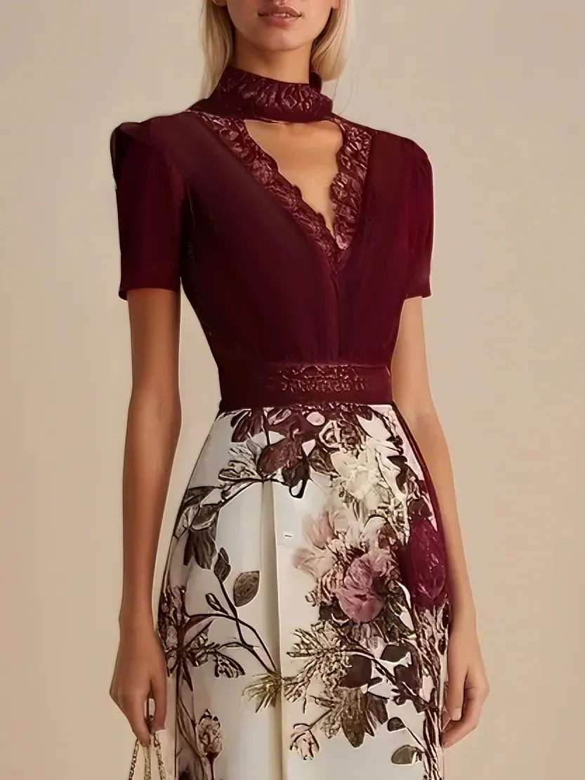 Wine Red Lace Floral Satin V Neck Short Sleeve A-Line Gown Dress