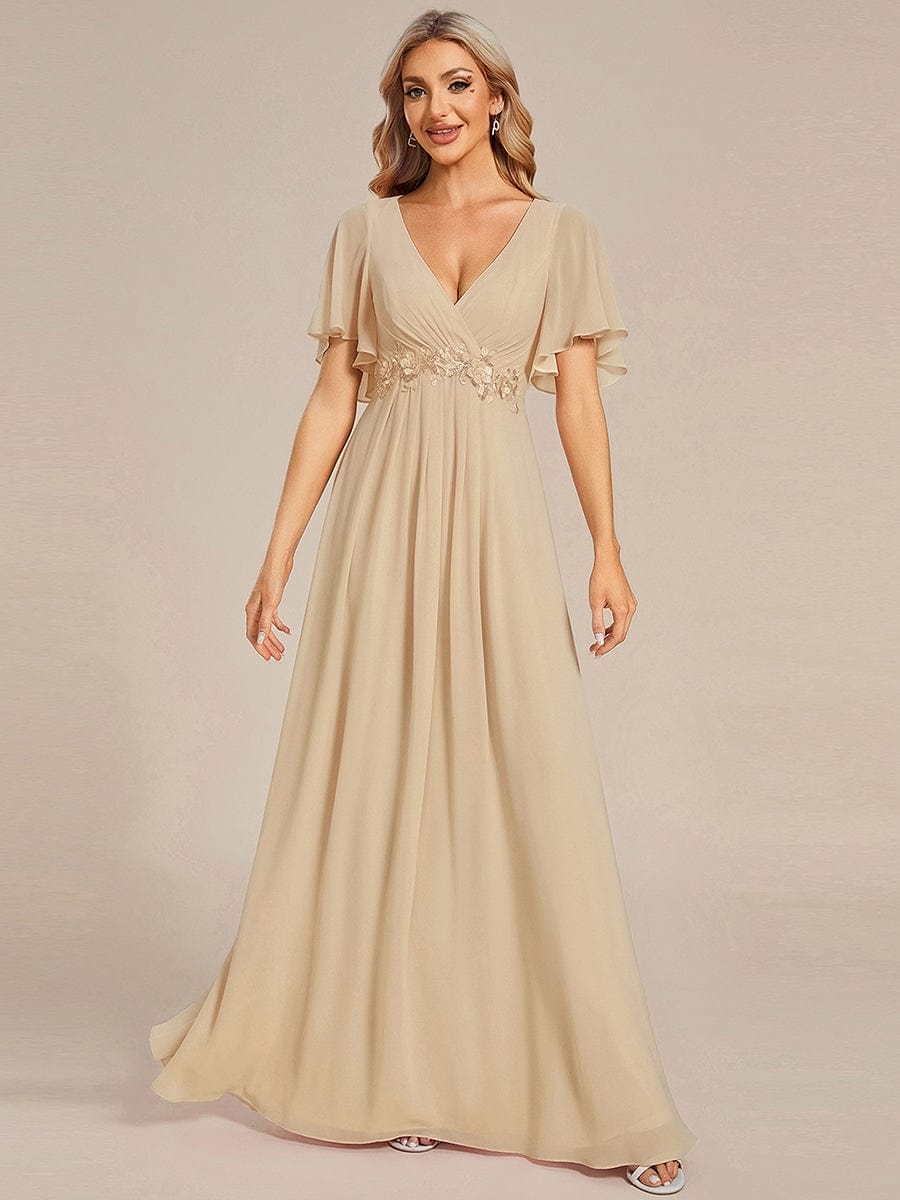 Ruffles Sleeve A-Line Chiffon Waist Applique Maxi Evening Dress #color_Champagne