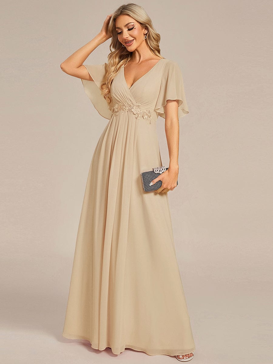 Ruffles Sleeve A-Line Chiffon Waist Applique Maxi Evening Dress #color_Champagne