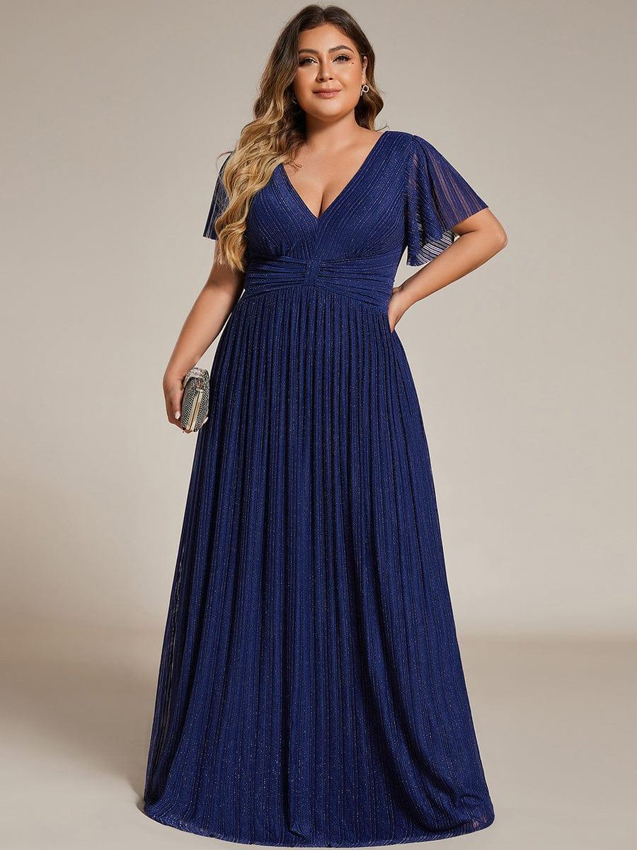 Plus Size V-Neck Glittery Short Sleeves Formal Evening Dress with Empire Waist #color_Navy Blue