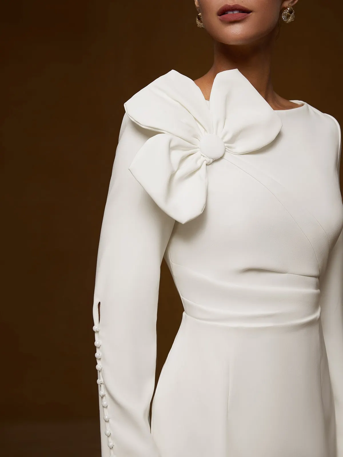 Cream White Bow Long Sleeve Sheath Midi Dress - White