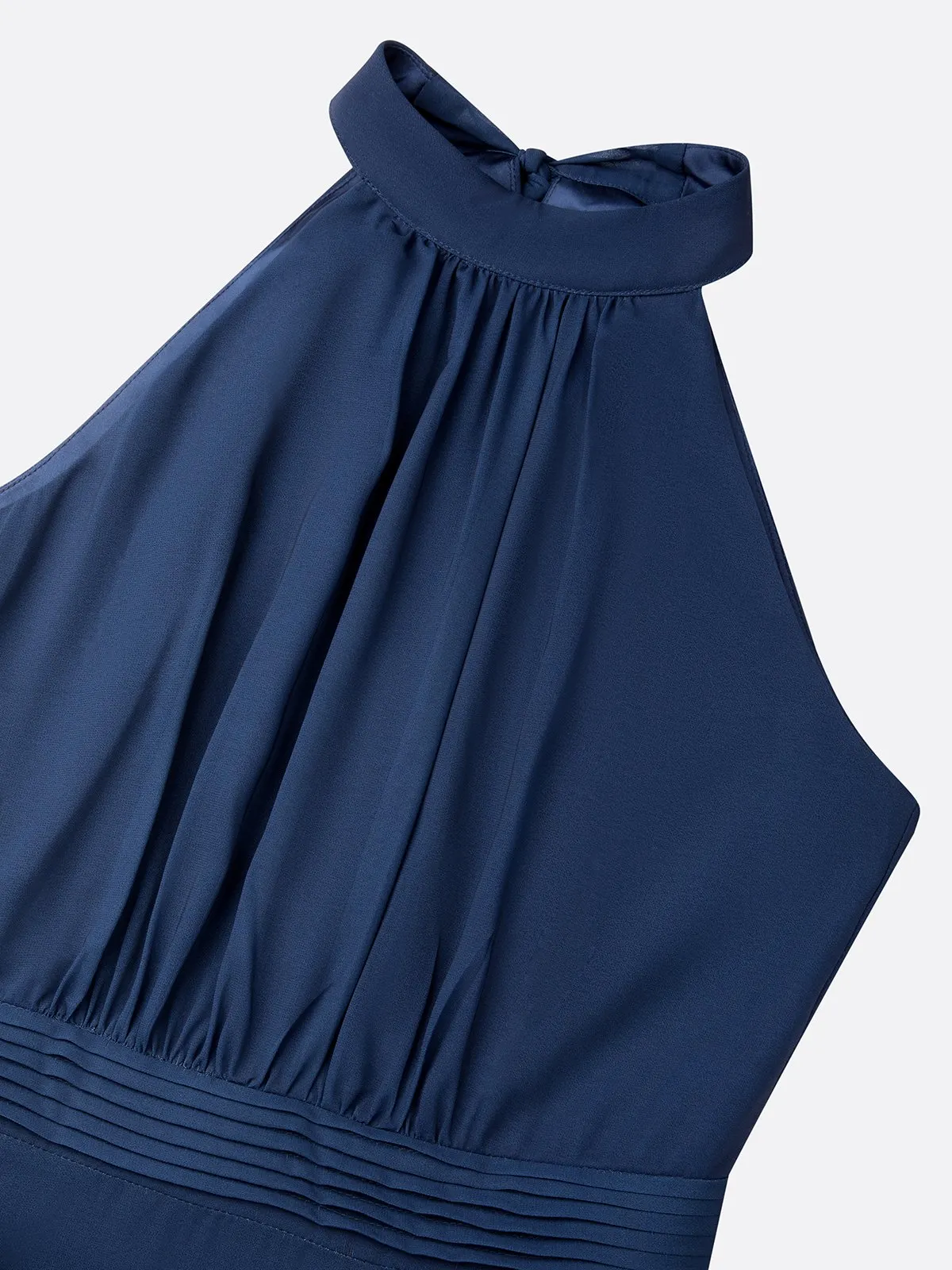 Navy Blue Floral Chiffon Halter Neck Sleeveless A-Line Maxi Dress