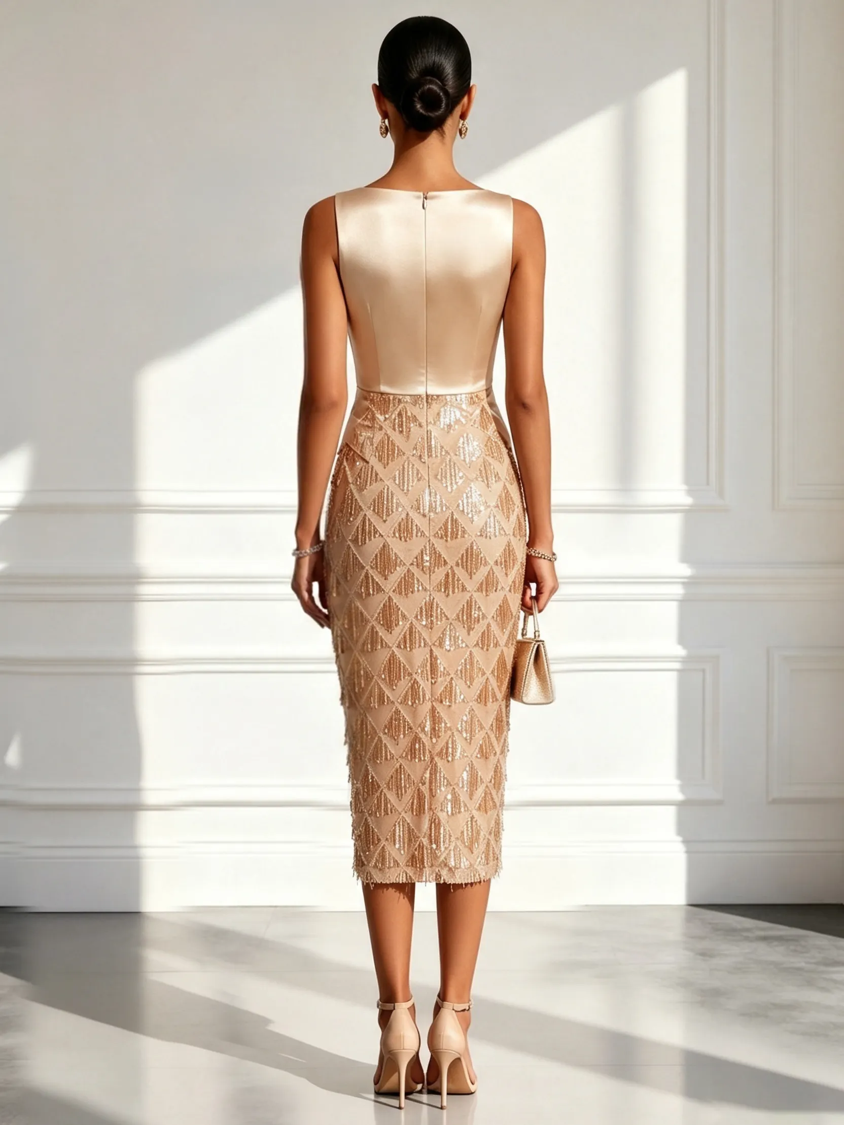 Champagne Tassel Sequin Boat Neck Sleeveless Sheath Midi Dress