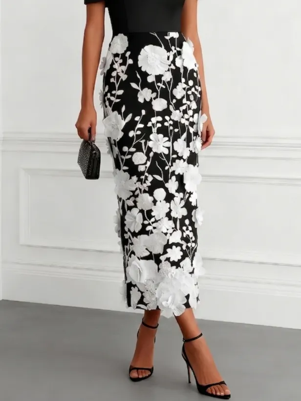 Black-white 3D Floral Applique Classic Off The Shoulder Short Sleeve Sheath Midi Dress