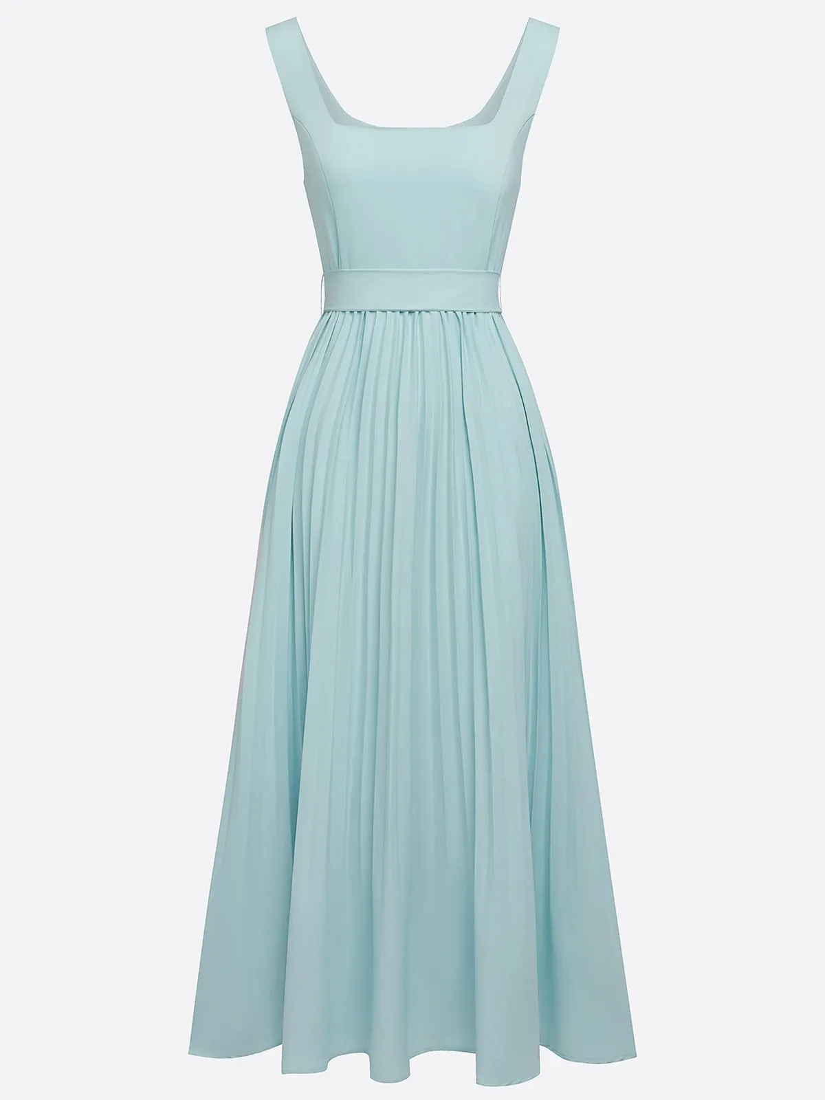 Light Blue Pleated Square Neck Sleeveless A-Line Maxi Dress